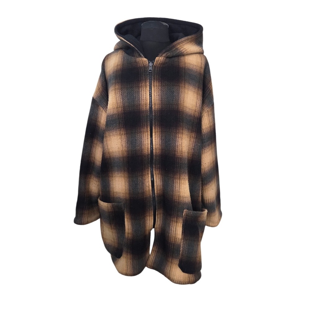 Vintage Women's Reversible‎ Plaid Oversized Fleece Hoodie Jacket Coat Size XL